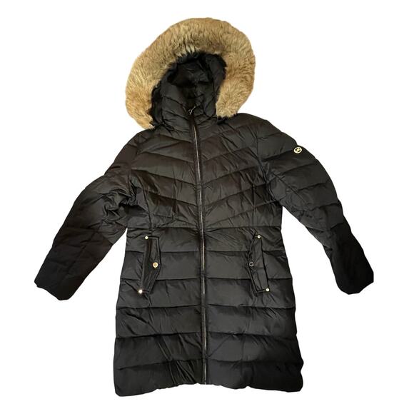 Michael Kors MK Winter Coat Faux Fur Trim Removable Hood Puffer Down Jacket - L - Picture 1 of 16